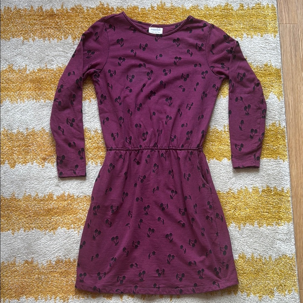 Purple Cherries Elastic Waist long sleeved dress 100% cotton UK12 pockets